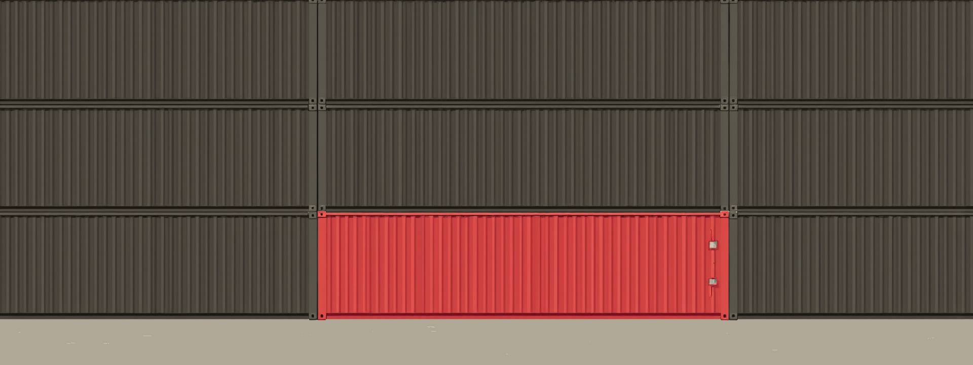 Stacked plain dark shipping containers, one of them red.